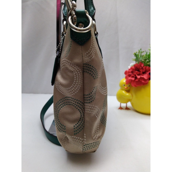 Coach Signature Brown Canvas Teal Leather Trim Zipper Satchel Crossbody Bag - Picture 4 of 14